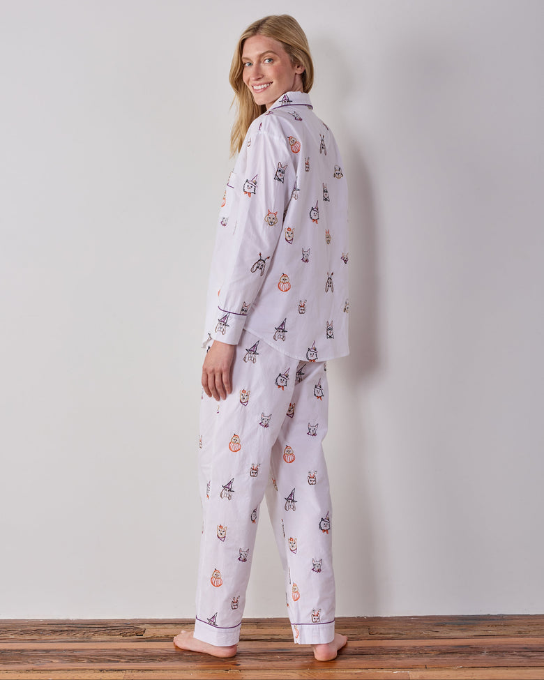 Back three-quarter view of the Cloud Halloween Hounds petite long pajama set, showing the printed back of the top and matching pants.