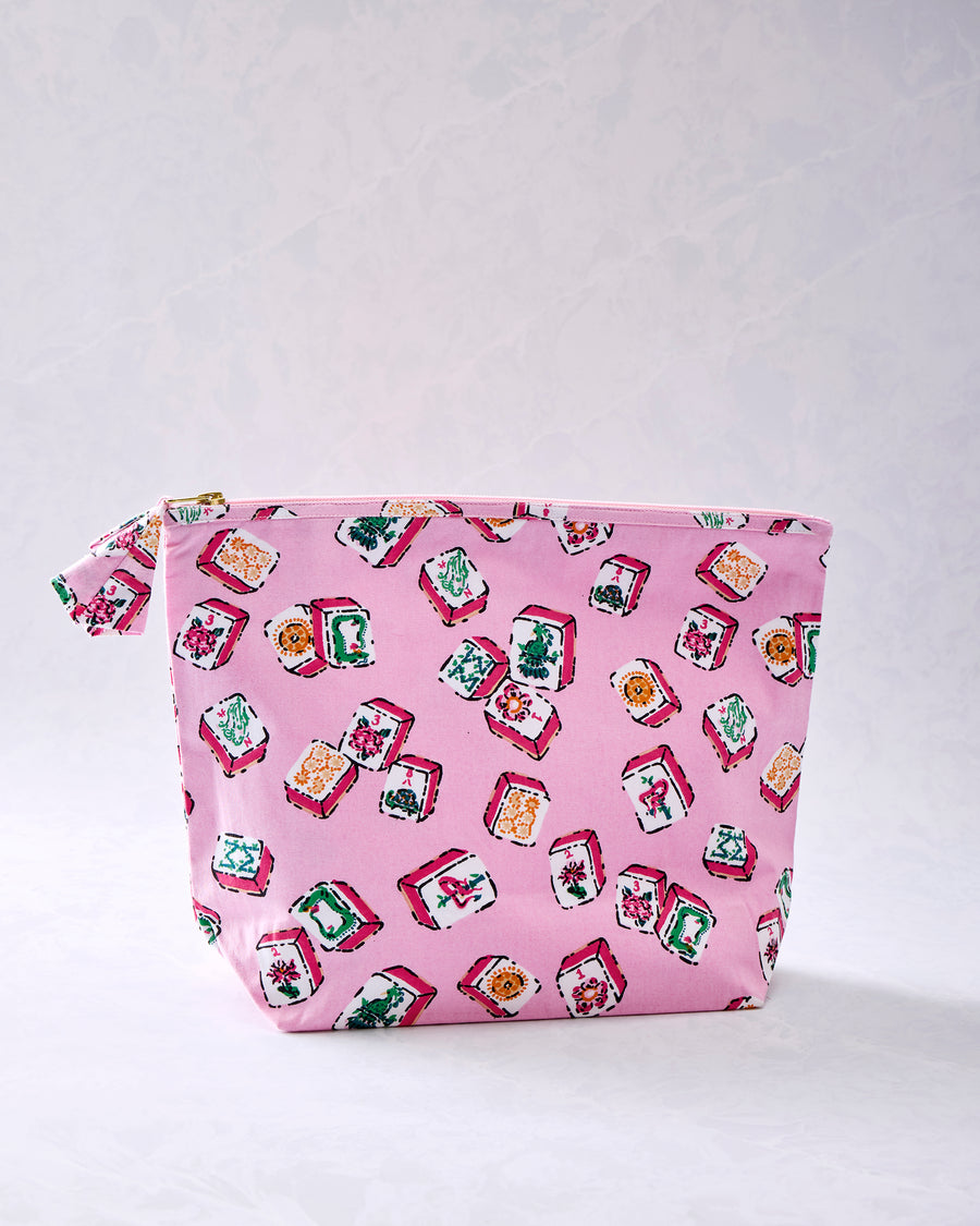 Front view of the peony pink Lucky Tiles zip pouch with matching printed pull tab