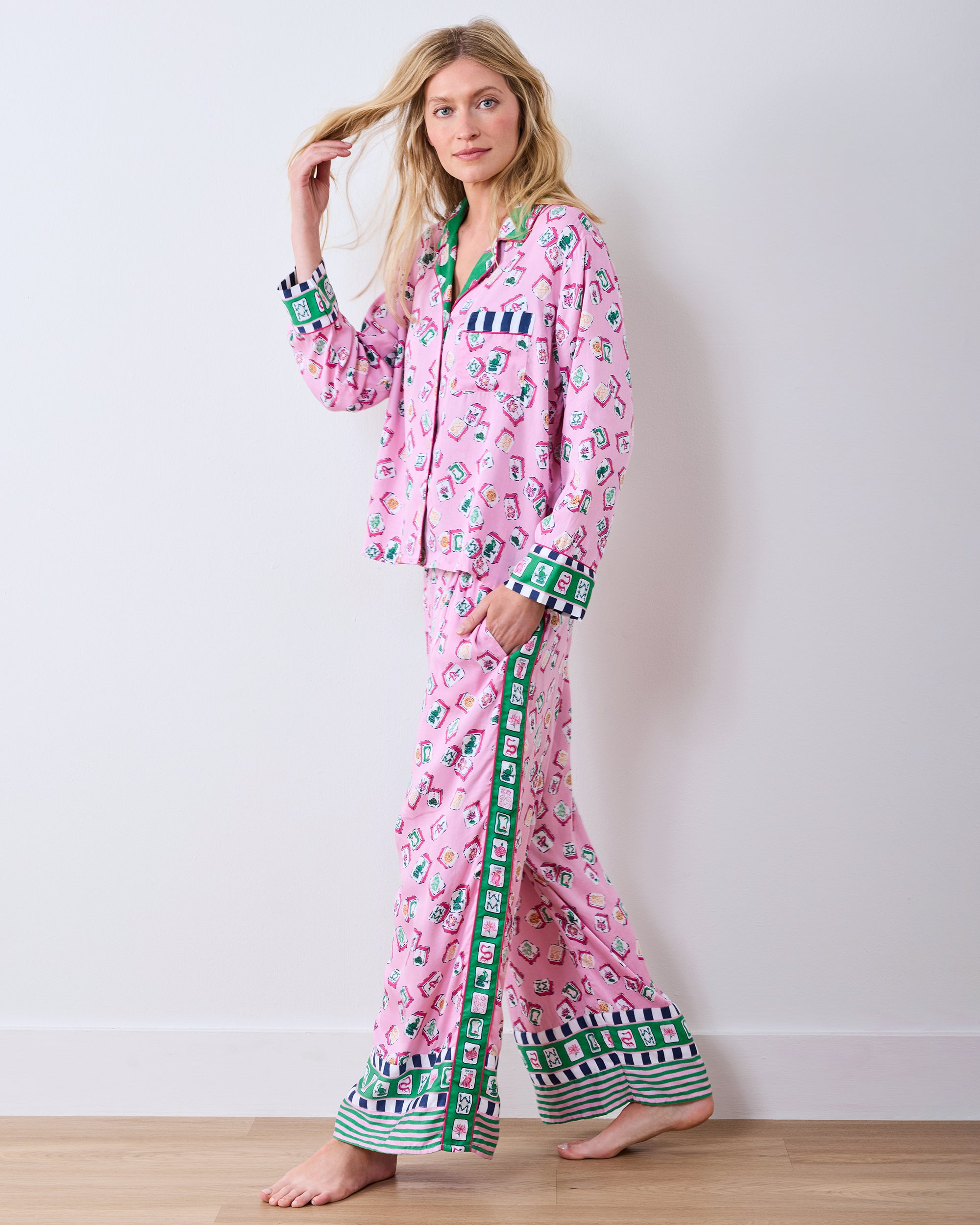 Full-length front view of the Peony Pink Lucky Tiles pajama set with long-sleeve top and wide-leg pants.