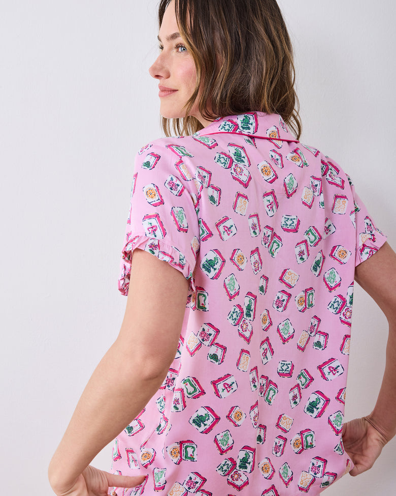 Close-up back view of the Lucky Tiles pajama top, showing the collar, print, and ruffled sleeve cuffs.