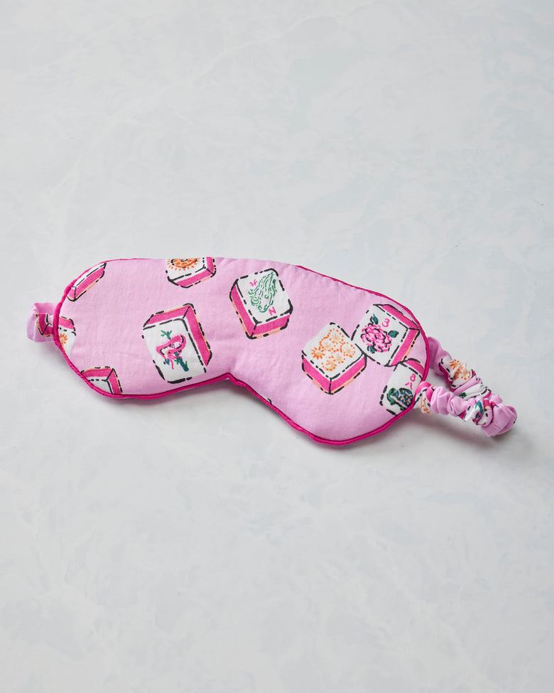 Peony pink eye mask with Lucky Tiles print and gathered adjustable strap