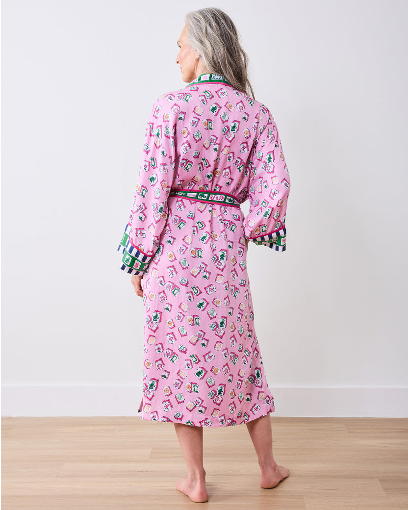 Full back view of the peony pink Lucky Tiles robe with its belt tied at the waist