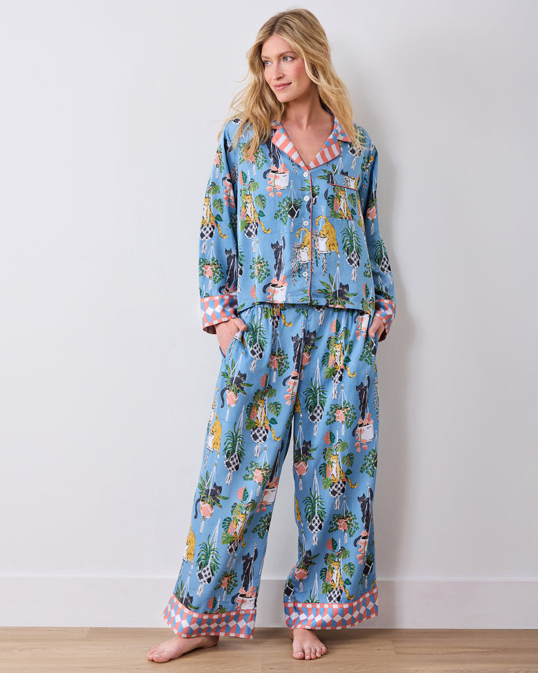 Full front view of the slate blue pajama set with button-front top and wide-leg pants