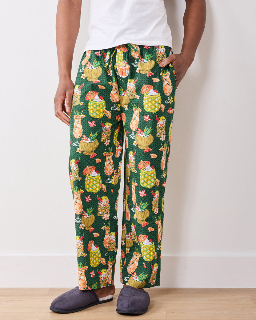 Front view of green Paradise Punch pajama pants showing the straight legs and tropical drink print