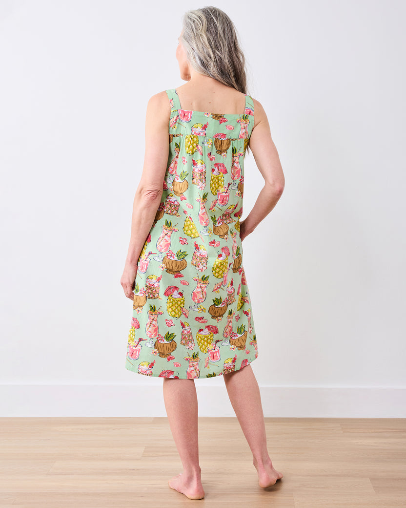 Back view of the Mojito nightgown showing the square neckline and tropical drink print