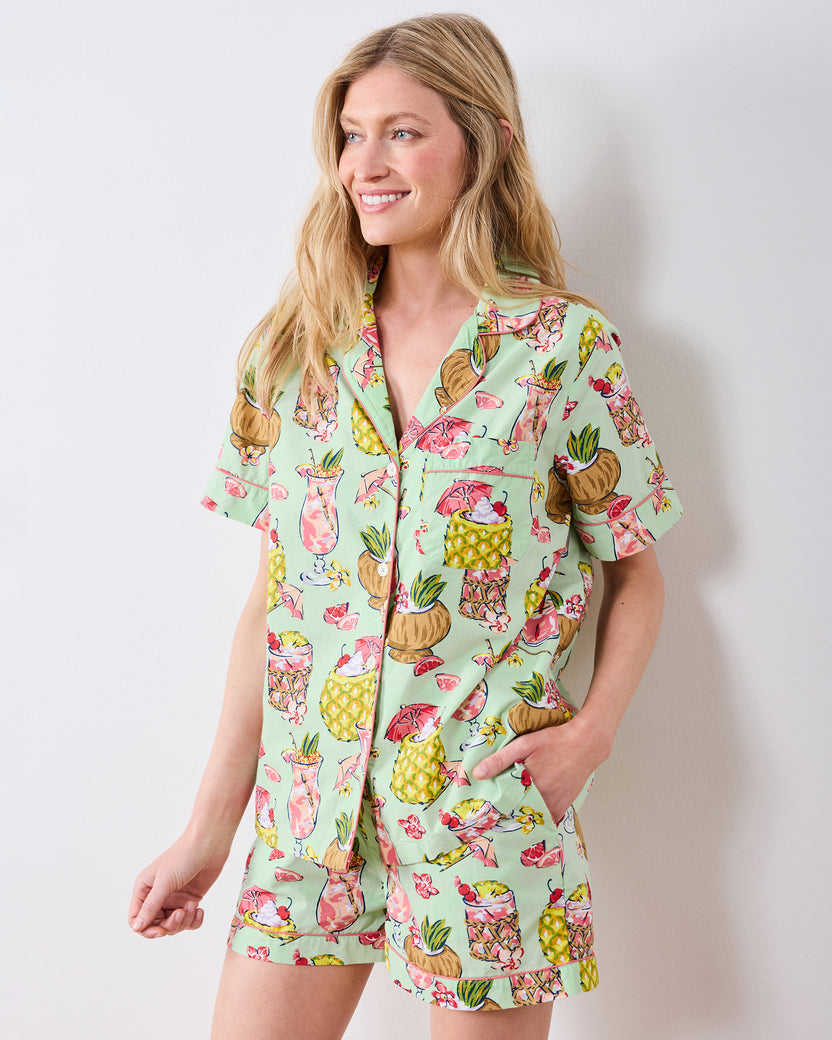Front three-quarter view of the Mojito short pajama set with one hand in a shorts pocket