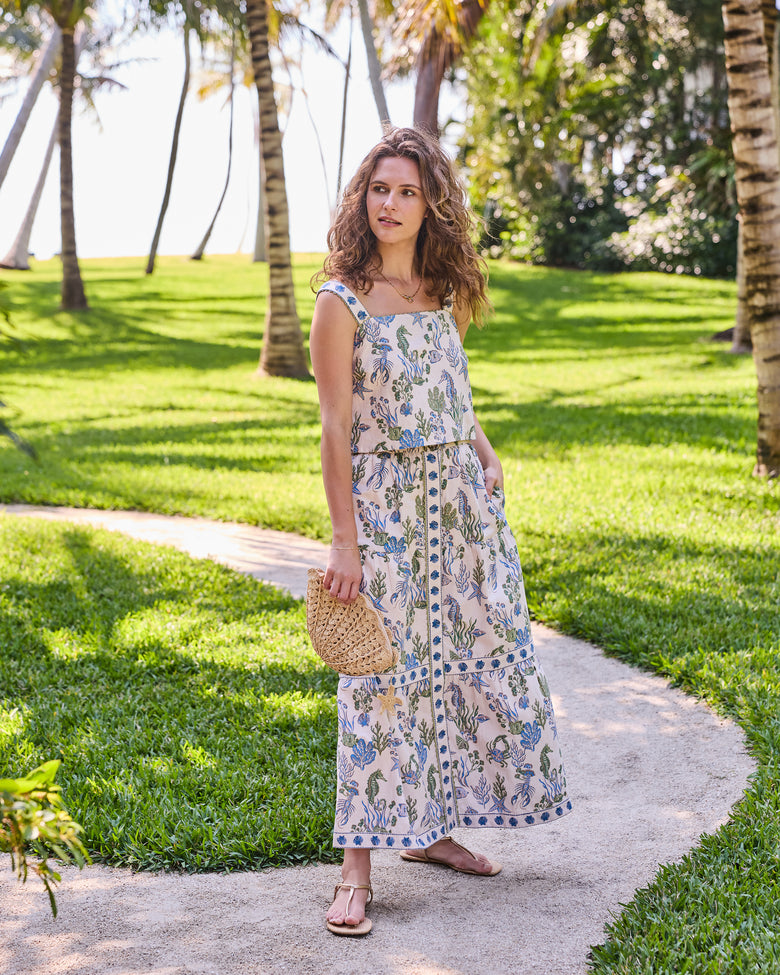 Full front view of the Saltwater Serenity Tessa Set with a sleeveless top and long button-front skirt in an underwater print