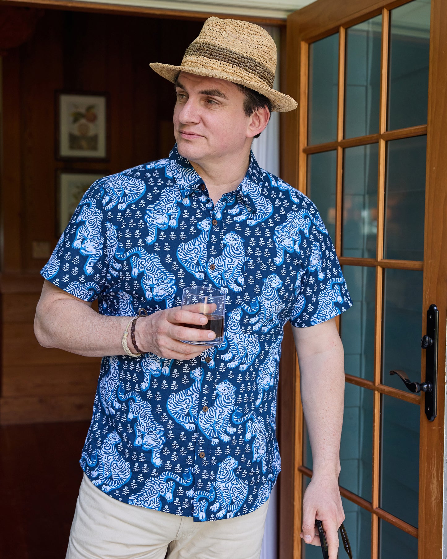 Front view of the Indigo Leo Shirt with a blue and white tiger print