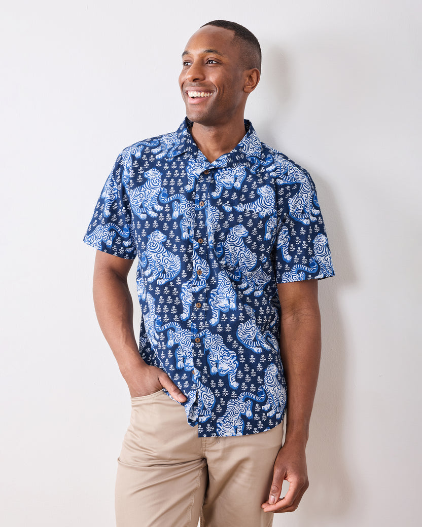 Front three-quarter view of a model wearing the Indigo Tiger Queen Leo Shirt