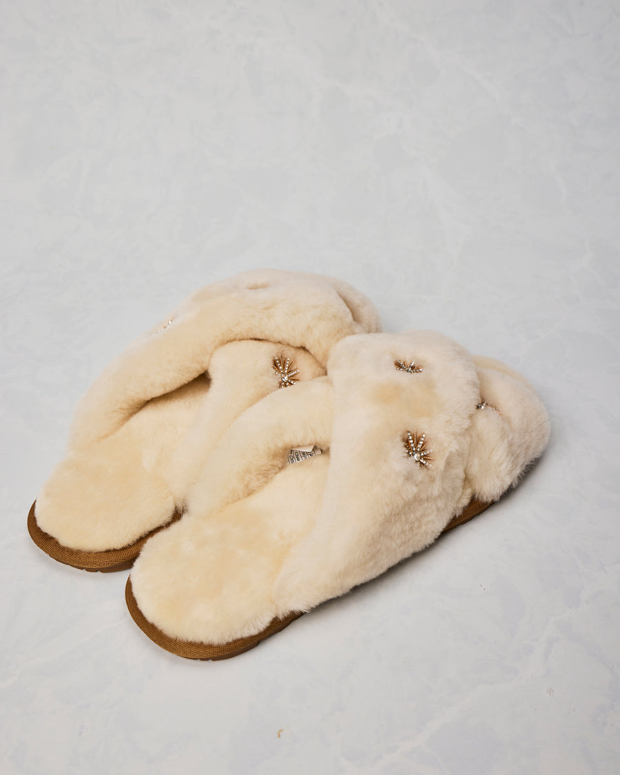 Pair of beige sheepskin slippers shown overlapping from the rear, with fuzzy uppers and brown soles.