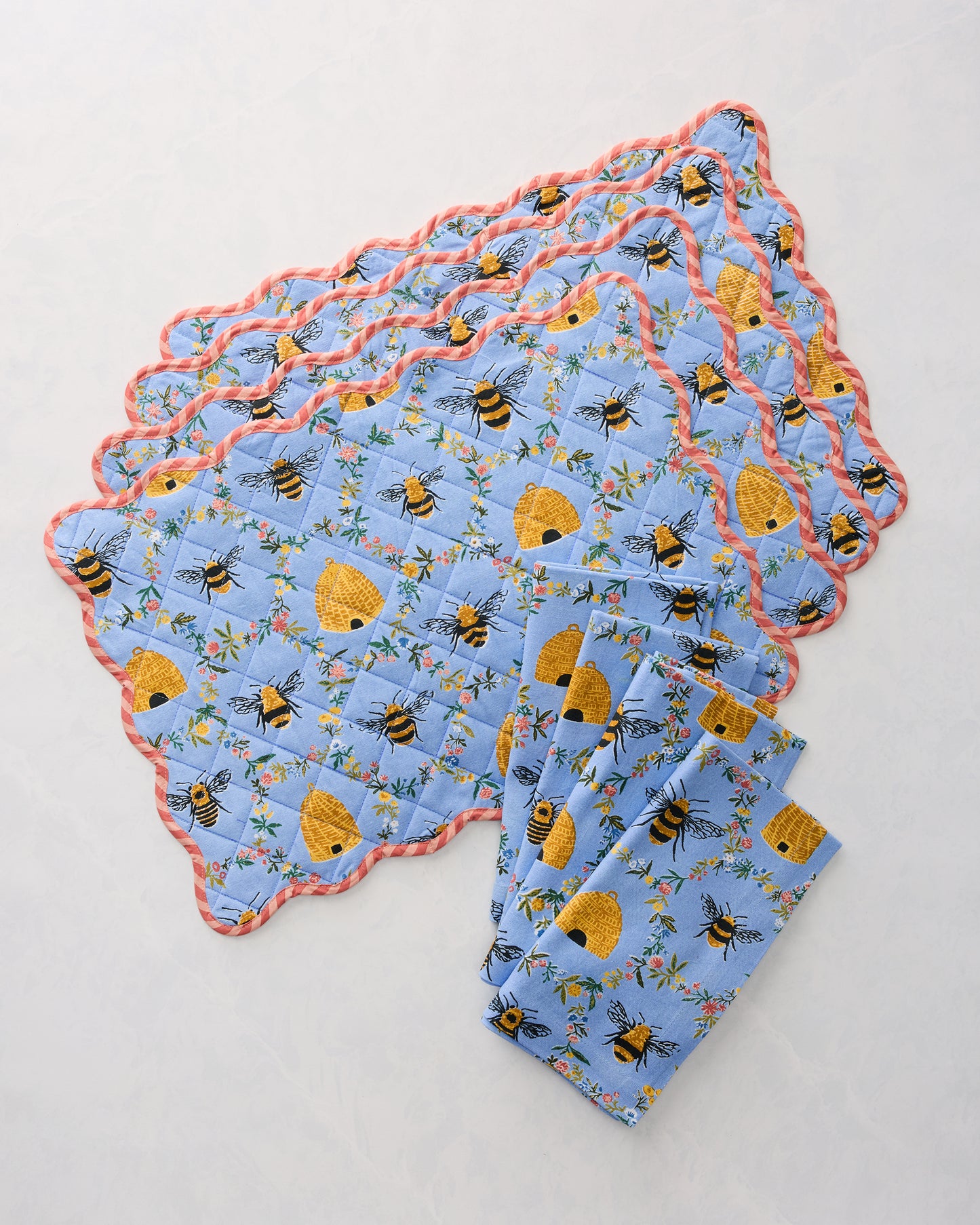 Sweet Bee - Set of 4 Placemats & Napkins Set - Soft Blue - Printfresh