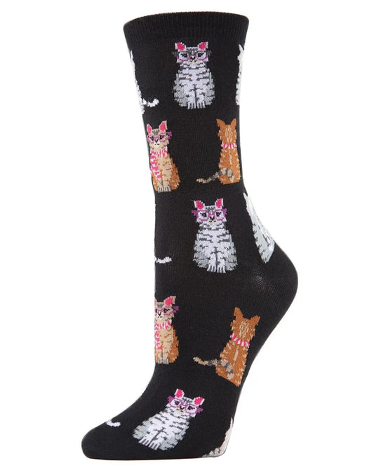 Single black crew sock displaying repeated cartoon cats wearing glasses and striped scarves.