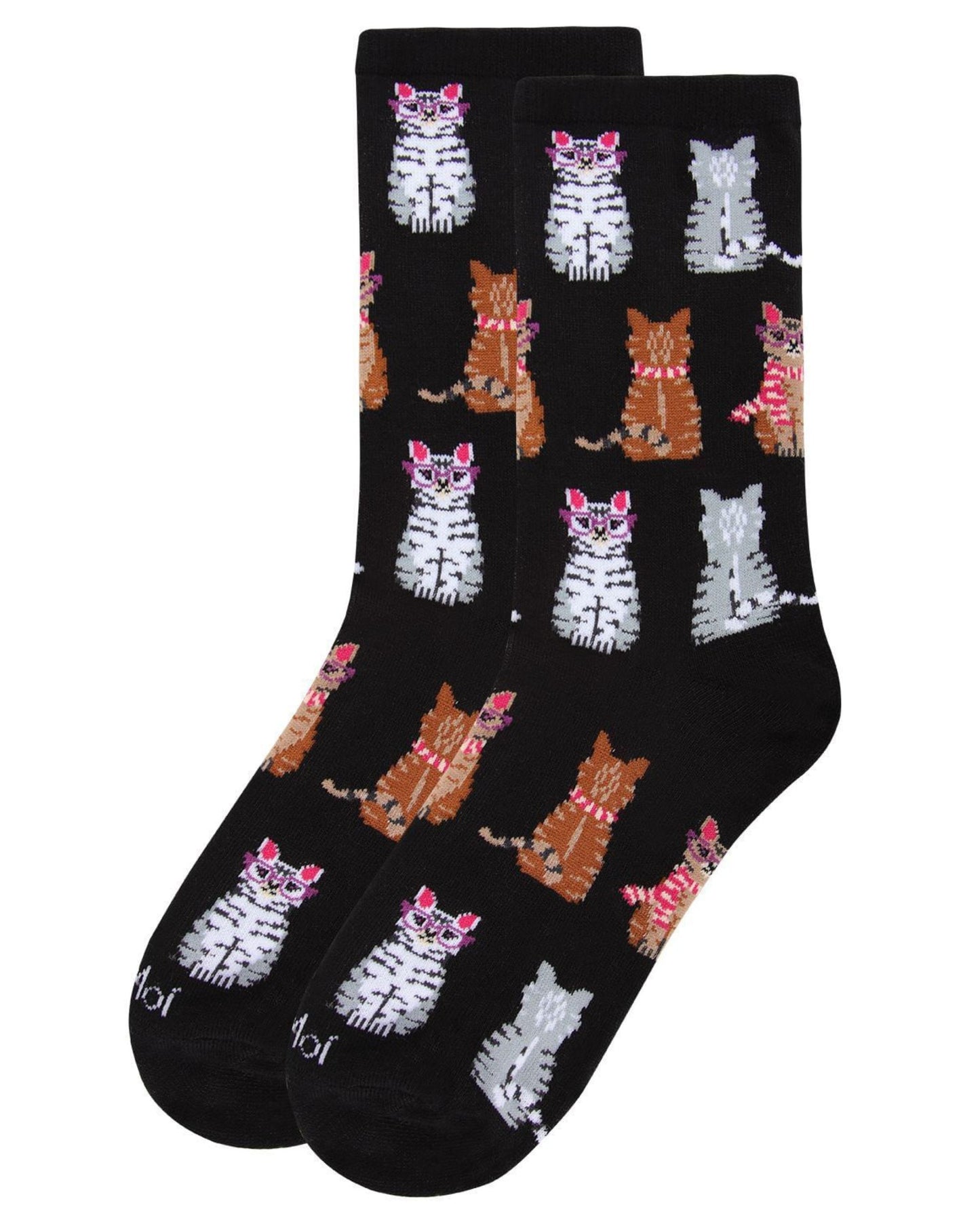Pair of black crew socks displayed together with repeated cartoon cats, including cats wearing glasses and striped scarves.