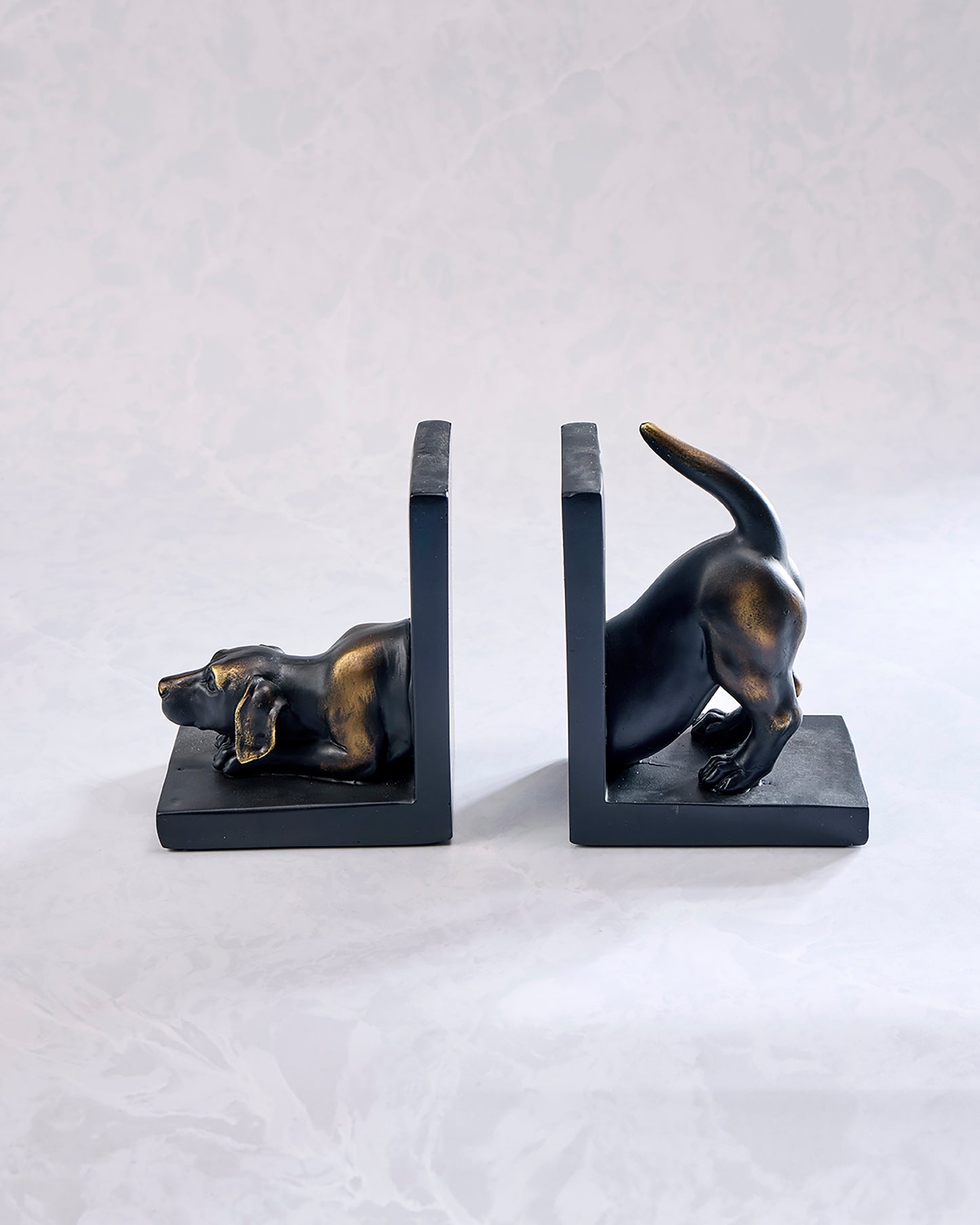 Pair of bronze-finish Labrador dog bookends shown from the side, with one dog lying down and the other standing with its tail raised.