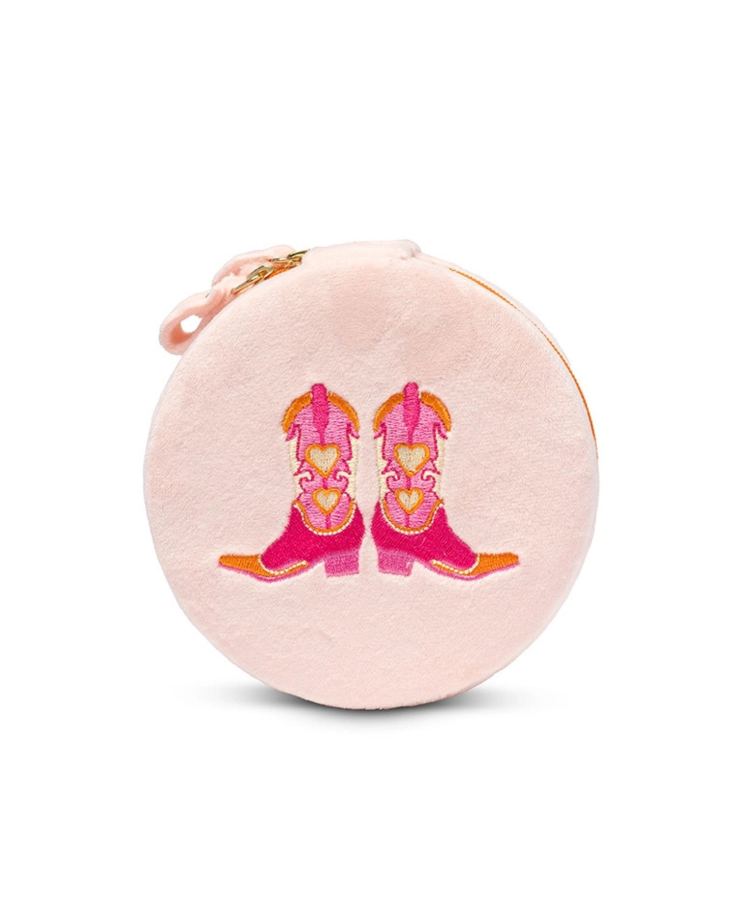 Round pink jewelry zip case embroidered with a pair of pink cowboy boots with heart details.