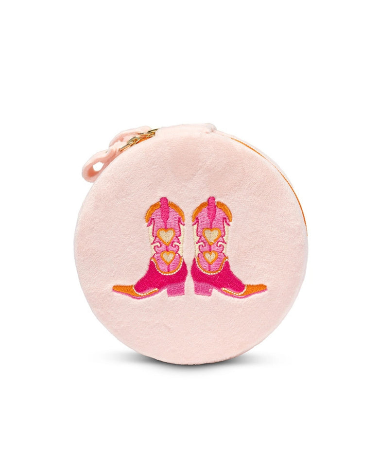 Round pink jewelry zip case embroidered with a pair of pink cowboy boots with heart details.