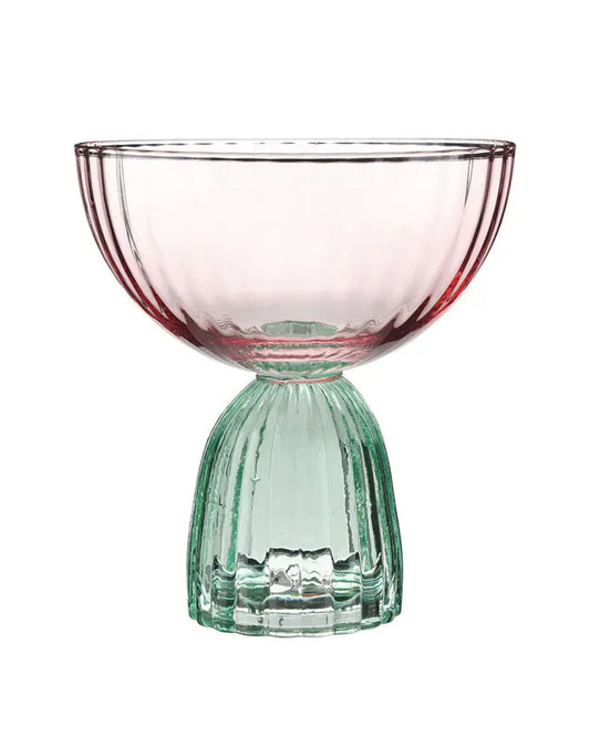 Coupe glass with a clear bowl and a ribbed green stem and base.