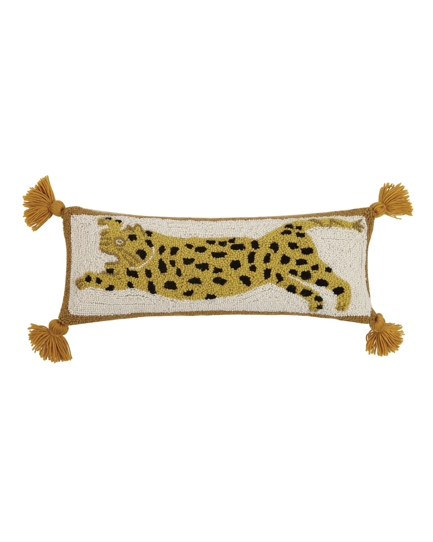 Ivory combo Chi Chi hook pillow with a spotted yellow leopard design and four corner tassels.