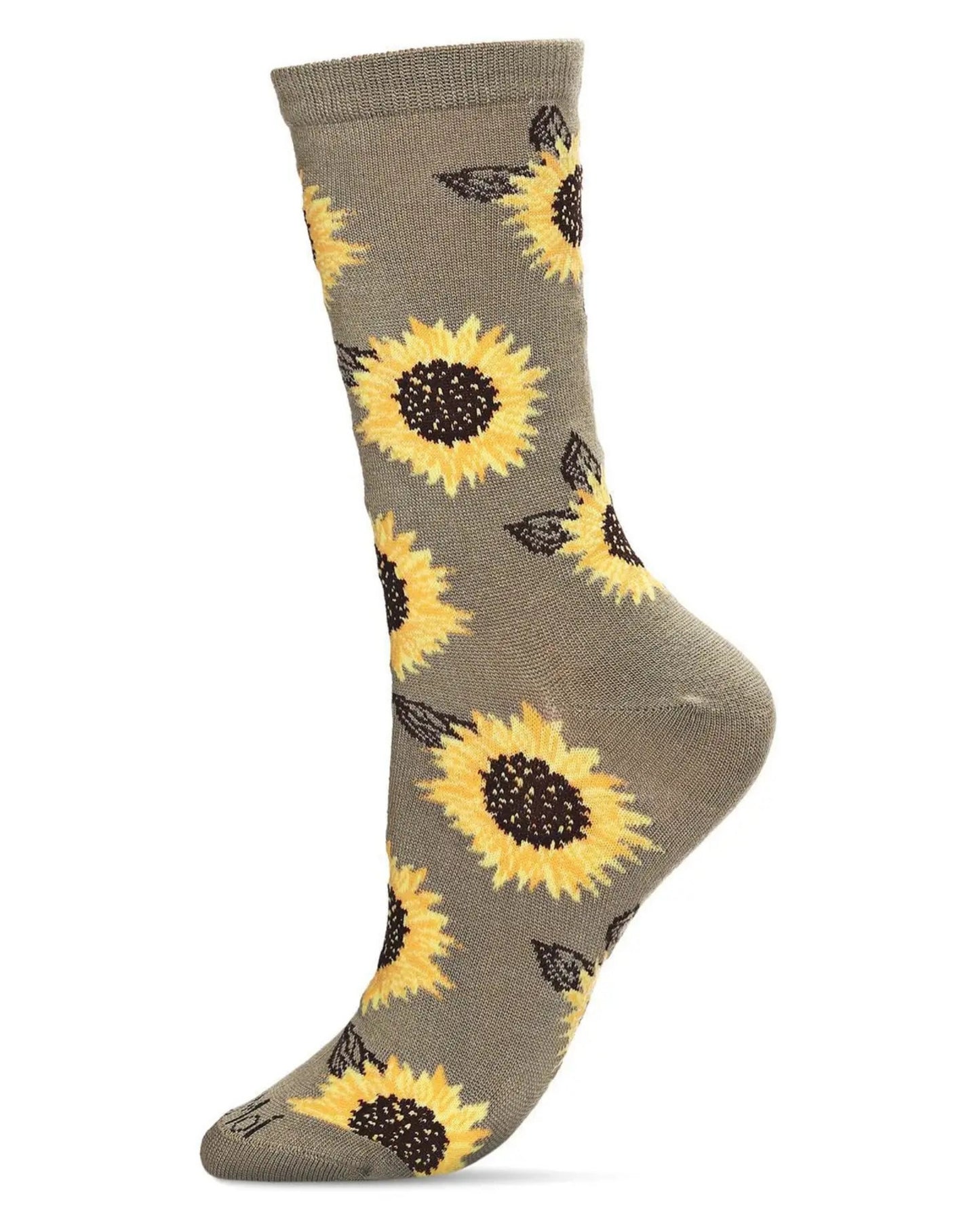 Olive crew sock shown in profile with a repeating sunflower pattern.