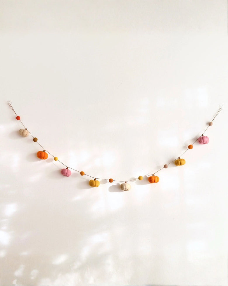 Pumpkin garland hanging in a shallow curve against a white background.