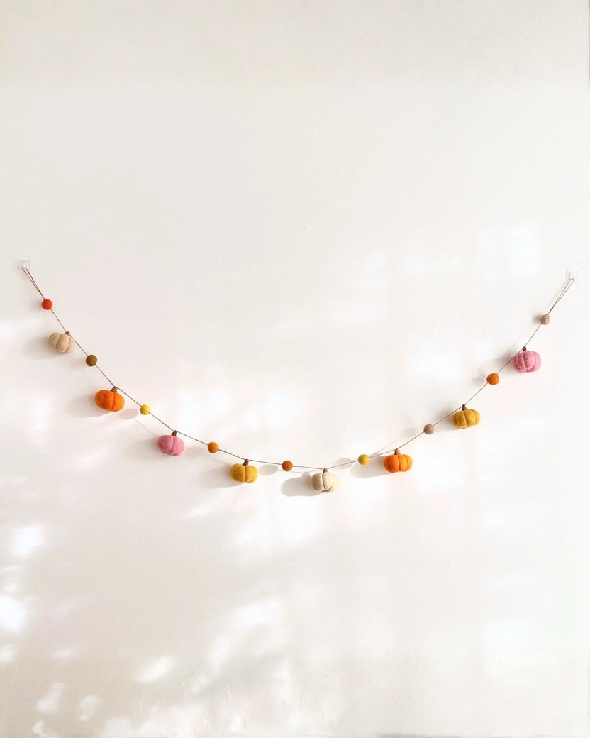 Pumpkin garland hanging in a shallow curve against a white background.