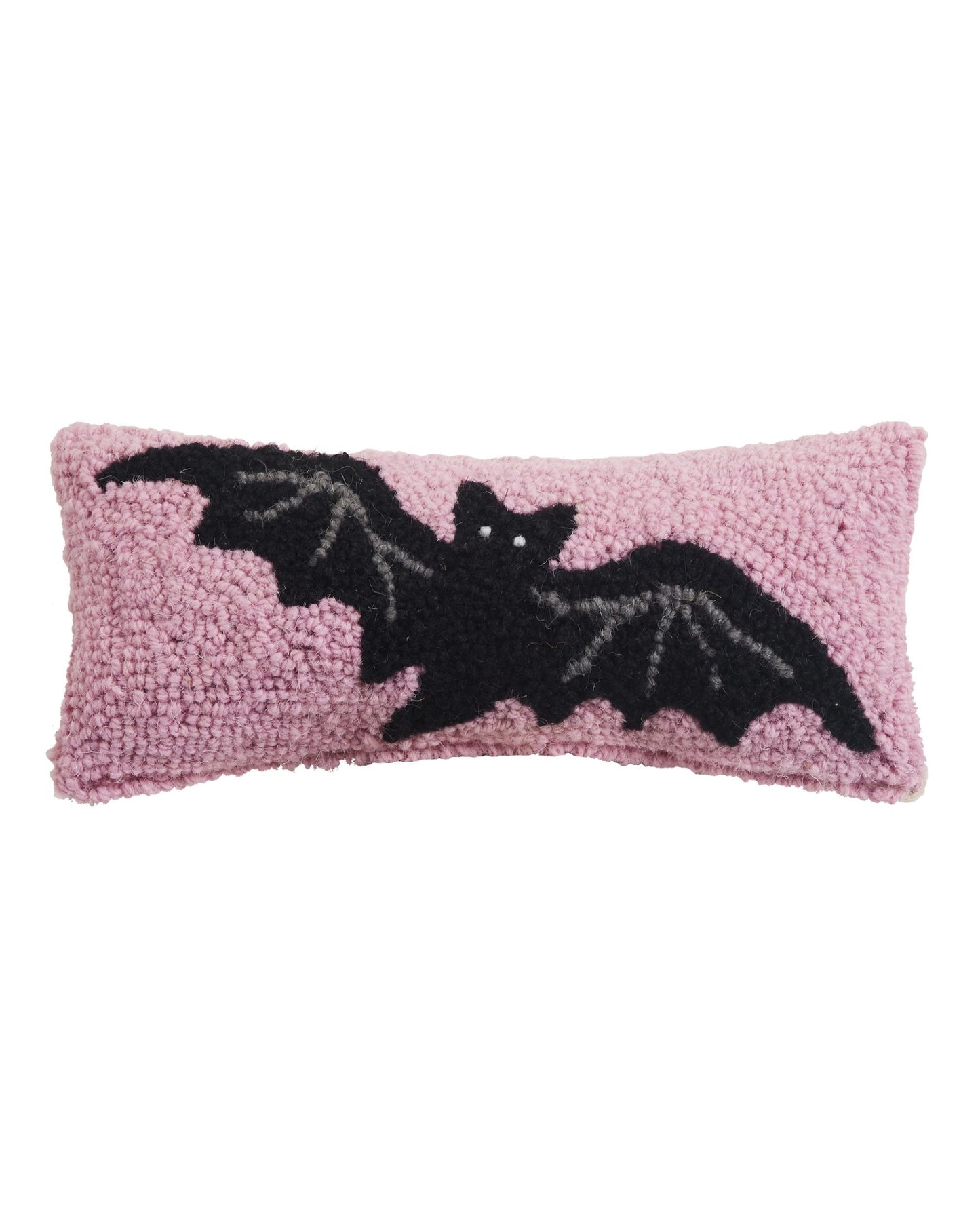 Rectangular pillow with a black bat silhouette on a pink background.