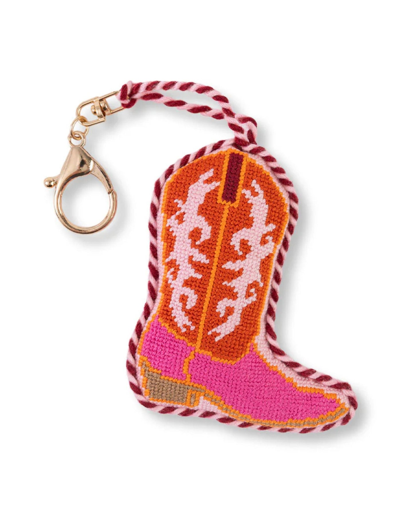 Pink and orange cowboy boot-shaped needlepoint bag charm with a gold-tone clasp and twisted pink-and-white loop.