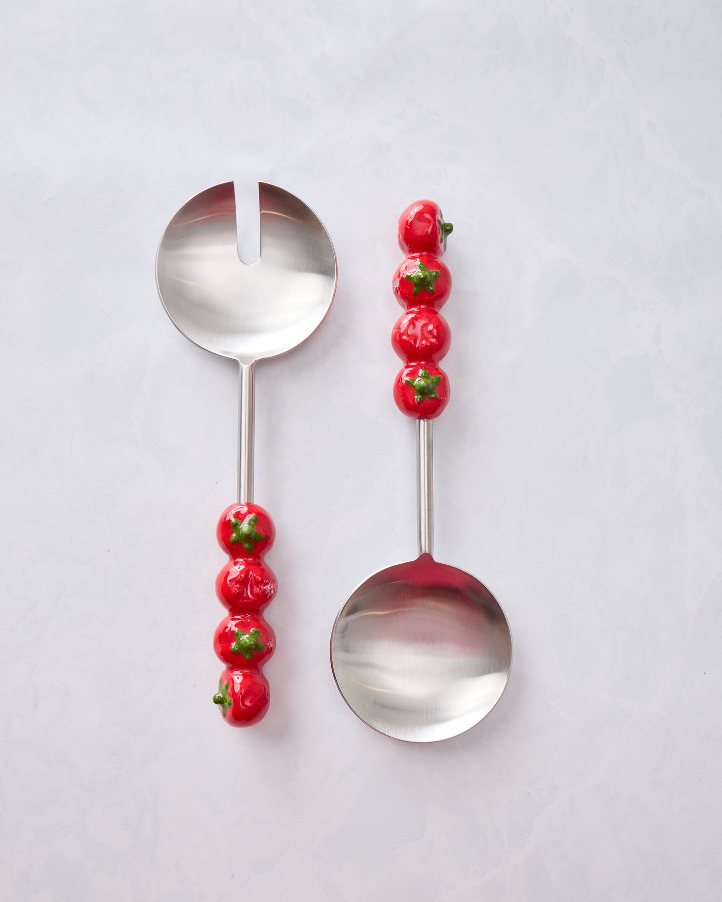 Salad server set with stainless steel heads and tomato-shaped handles