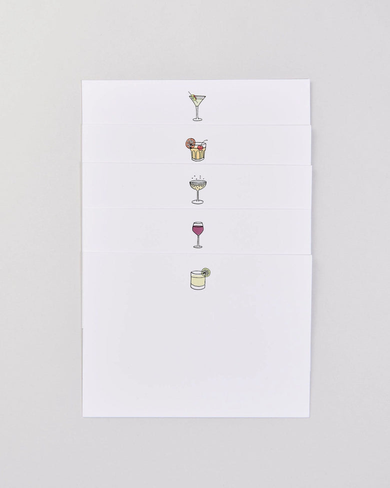 Five white notecards stacked vertically, each illustrated with a different cocktail glass or drink.