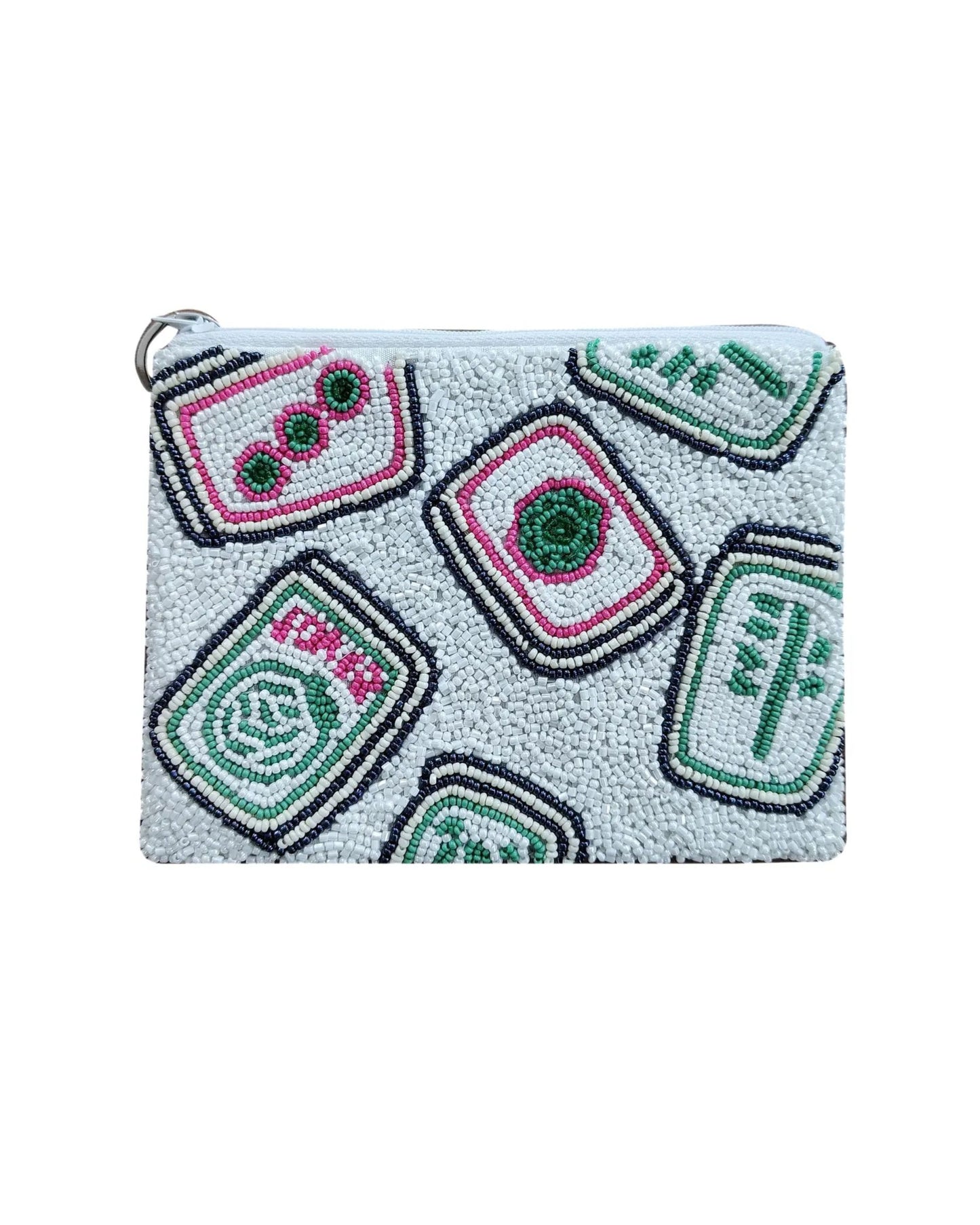 White beaded coin purse with outlined square motifs and green-and-pink circular details.