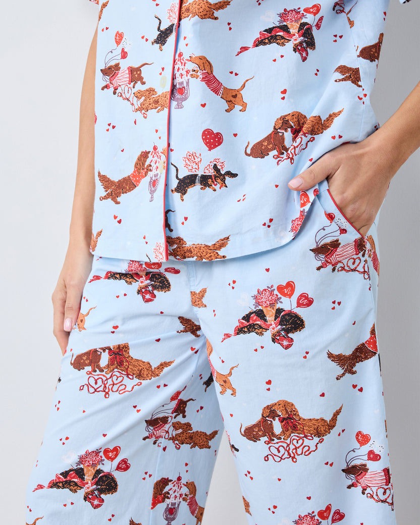 Dachshund Date - Short Sleeve Top & Cropped Pants Set - Pale Blue - Printfresh