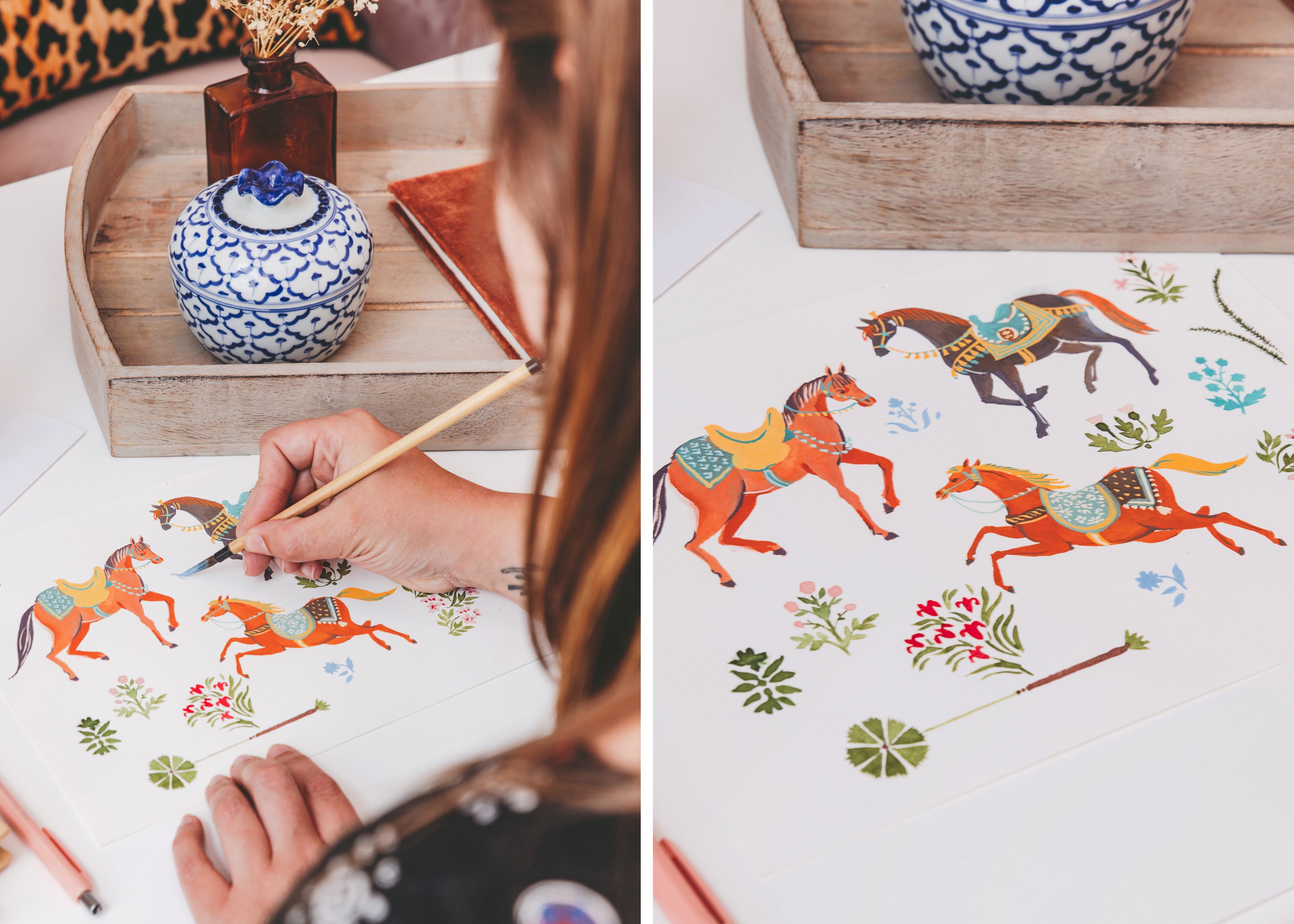 Person painting colorful horse illustrations beside a close-up of the finished horse-and-floral artwork