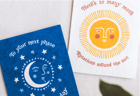 Two illustrated cards featuring sun and moon faces with surrounding text.