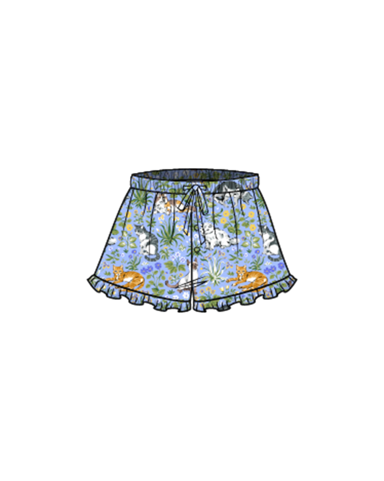 Illustration of cat-print ruffle shorts with an elastic drawstring waist